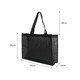 A black transparent mesh tote bag with dimensions displayed, featuring sturdy handles and an open design.