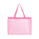 A pink transparent mesh tote bag with two handles and a roomy design, featuring a logo on one side.