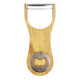A drink bottle opener made of bamboo with a metal bottle cap opener at the base. It features a sleek design and has a logo.