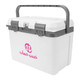 A white cooler box with a grey handle and latch, featuring a pink logo on the front.