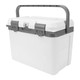 A white cooler box with a grey handle and latches, featuring a sturdy design for insulation.