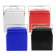 A collection of four retro metal ice cooler boxes in white, red, blue, and black with handles and a sleek design.