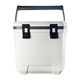 A white cooler box with a grey strap and black latches, featuring a sturdy handle. It has a branding logo.
