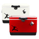 A red and white metal ice cooler box with a black logo, featuring a secure lid and side handles.