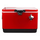 A red metal ice cooler box with a black base and silver latch, designed for outdoor use.