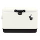 A white and black metal ice cooler box with a secure lid and a bottle opener attachment.