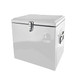 A white metal ice cooler box with a chrome latch and handle, featuring a logo on the side.