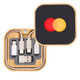 A square bamboo charging set with various cables including USB and Lightning connectors, featuring a logo.