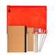 A red zip pouch containing two notebooks, a ruler, a pencil, an eraser, and two white pencils.