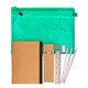 A teal mesh pouch contains a notebook, ruler, sharpener, eraser, and white pencils.