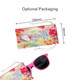 A pair of pink glow in the dark sunglasses resting in a colourful drawstring pouch. Includes a logo on the pouch.