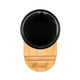 A black wire mesh pen tidy with a bamboo base. The base features a logo.