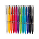 A collection of pens in various colours, including white, orange, yellow, pink, green, blue, and black, with silver accents.