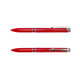 A red pen with a shiny finish and silver accents, featuring a clip and a smooth writing tip.