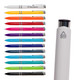 A collection of brightly coloured plastic pens in various shades, featuring a white pen with a logo and a recycled symbol.