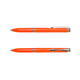 An orange pen with silver accents and a clip, featuring a smooth barrel design. It has branding on the side.