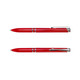 A red plastic pen featuring a polished finish and silver accents, with a clip for easy attachment.
