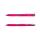 A shiny pink pen with silver detailing and a clip, featuring a polished finish.