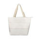 A white reusable shopping bag with beige handles and a zip closure, featuring a front pocket and a logo.