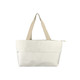An extendable shopping bag in light cream with beige handles, featuring a logo and a zip closure.
