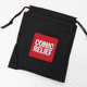 A black drawstring pouch featuring a red square with a white logo.