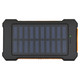A solar power bank in black and orange with a textured surface and solar panel design. It features a logo.