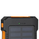 A black and orange solar power bank with a solar panel design and indicator lights on the top.