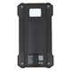 A black and orange solar power bank with a textured grip and a logo on its surface.