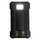 A black and orange solar power bank with textured sides and a rear panel, featuring a logo.