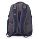 A navy and grey backpack featuring padded shoulder straps and a logo on the front.