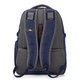 A grey and navy backpack featuring padded shoulder straps and a logo, designed for comfort and functionality.