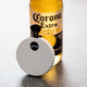 A drink bottle with a white bottle opener attached. The opener features a logo.