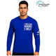 A blue unisex long-sleeve shirt made from RPET milk silk, featuring a logo and text design.