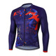 A men's long sleeve cycling jersey featuring a vibrant blue and red splatter design, with a zip front and a logo.