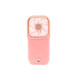 A pink folding neck fan with a structured design and ventilation openings, featuring a small stand at the base.