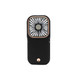 A folding neck fan in black with a rose gold accent, featuring a phone stand and a fan unit.