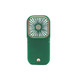 A green folding neck fan with a phone stand, featuring a compact design and a logo on the base.