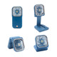 A blue folding neck fan with a phone stand, featuring a compact design and adjustable angles. It includes a logo.