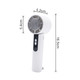 A high-speed cooling fan in white, featuring a circular grille and a handle, with measurement details visible.