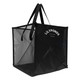 A black rectangular laundry basket with mesh sides and two black handles, featuring a logo on the front.