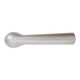 A silver ice cream scoop with a rounded handle and a smooth metallic finish. It features a brand logo.