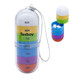 A transparent capsule-shaped pill holder with rainbow-coloured compartments for each day of the week and a white cap.