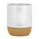 A ceramic mug with a glossy white upper and a cork textured base, featuring a handle.