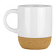 A ceramic mug featuring a glossy white body with cork details at the base. It has a comfortable handle.