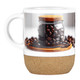 A coffee mug featuring a glossy white upper section and a cork base, decorated with coffee beans and a jar design.