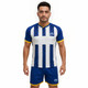 A fitted blue and white striped t-shirt with yellow accents, paired with matching blue shorts. Features a logo.