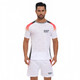 A set of 100% polyester sublimated breathable soccer shorts in white with red and black accents, featuring a logo.