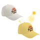 A colour changing baseball cap in white, transforming to yellow in sunlight, featuring a logo with a sun design.