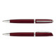 A metal pen in a deep burgundy colour with silver accents and a sleek design, featuring a logo.