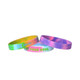 Three marble-coloured silicon wristbands in vibrant hues of pink, green, and yellow, featuring different logos and designs.